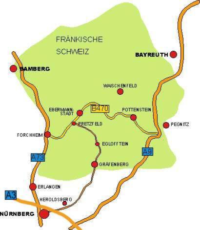 a map of the temples and monuments at Ferienwohnungen Porisch in Egloffstein