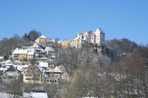 a group of houses on a hill with snow at Ferienwohnungen Porisch in Egloffstein