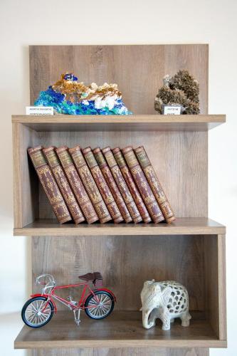 two wooden shelves with a bike and a toy on them at Catherine's Comfort Apartment Νο3 in Lávrion