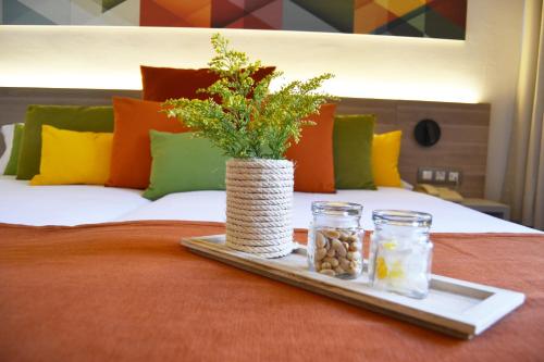 a tray with a plant in a vase on a bed at Hotel Escuela Santa Cruz in Santa Cruz de Tenerife