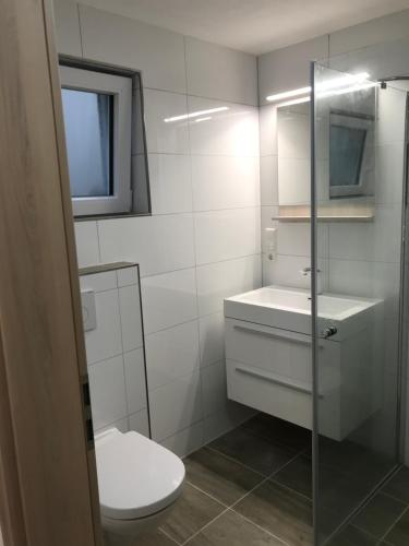 een badkamer met een toilet en een wastafel bij Einliegerwohnung mit Terrasse in Friedrichshafen