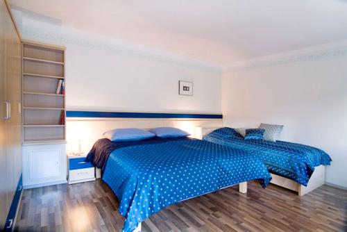 a bedroom with a blue bed with blue pillows at Hiša posebne Sorte in Kodreti