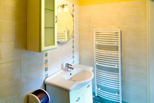 a bathroom with a sink and a mirror at Hiša posebne Sorte in Kodreti