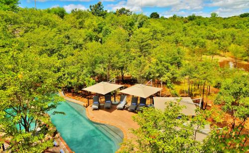 an aerial view of a pool with umbrellas at Victoria Falls Safari Club in Victoria Falls