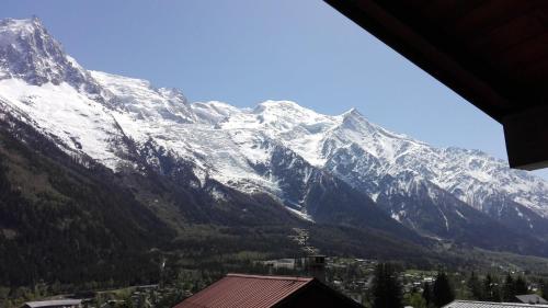 a snow covered mountain with a town in front of it at Chalet Erminea in Chamonix