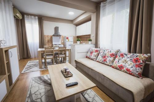 - un salon avec un canapé et une table dans l'établissement Axios Apartment, à Gevgelija
