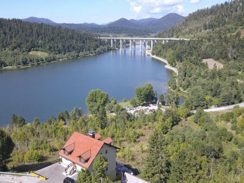 an aerial view of a bridge over a lake at Villa MOYA in Fužine