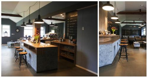 two pictures of a bar in a restaurant at Apartmán Lucie in Pardubice