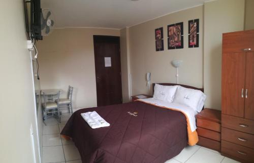 a bedroom with a bed and a chair in it at Hotel Roussean in San Vicente de Cañete