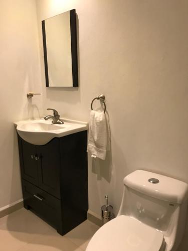 a bathroom with a sink and a toilet and a mirror at My Home Suites in Celaya