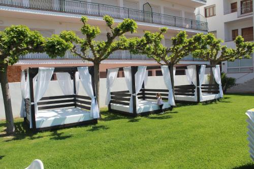 a row of beds in the grass in front of a building at Checkin Flamingo in L'Estartit