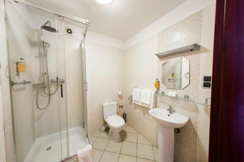 a bathroom with a shower and a toilet and a sink at Hotel Nad Mrogą in Koluszki