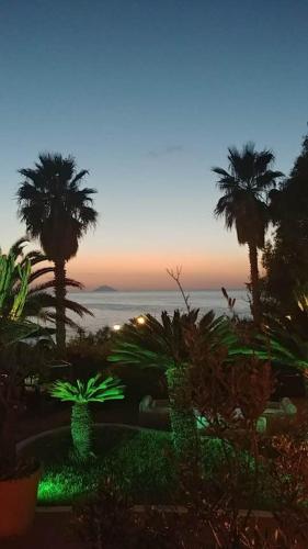 a view of the ocean from a resort with palm trees at Residenza Villa Spagnola in Parghelia