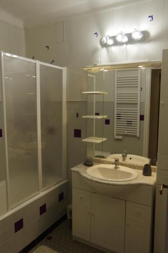y baño con lavabo y ducha. en Cures et Vacances à Amélie Les Bains, en Amélie-les-Bains-Palalda