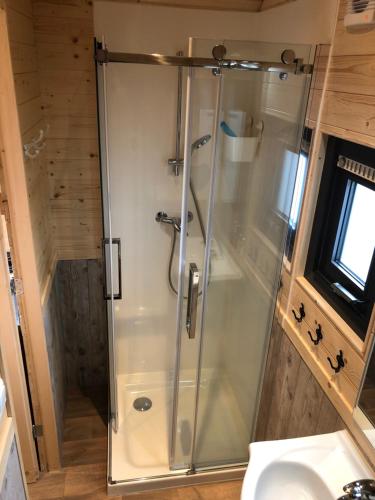 a shower with a glass door in a bathroom at Little Lighthouse Texel in De Cocksdorp