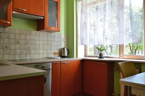 a kitchen with green walls and orange cabinets and a window at 12 Koidu in Narva-Jõesuu