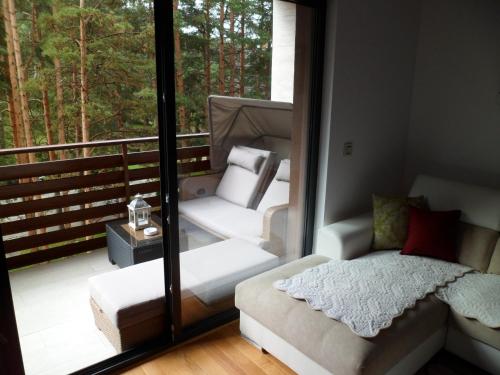 a room with a balcony with a couch and a window at Apartment Crystal in Zlatibor