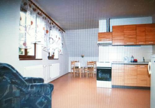 瓦拉什凱克洛博基的住宿－Ubytování U Františka，厨房以及带沙发和桌子的客厅。