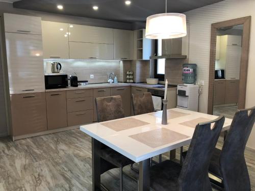 Una cocina con una mesa y sillas en una habitación. en Apartment Trimontium 2, en Plovdiv