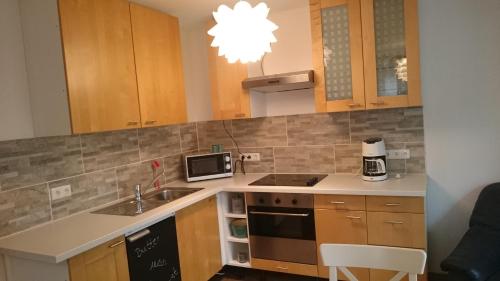 eine kleine Küche mit einer Spüle und einer Mikrowelle in der Unterkunft Wohnung im Schwedenhaus in Bad Laasphe