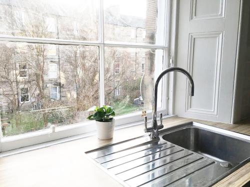 a kitchen sink in front of a window with a potted plant at Stylish City Centre Apartments - D Terrace Residence in Edinburgh