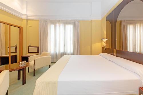 ヘレス・デ・ラ・フロンテーラにあるHotel Soho Boutique Jerezの大きなベッドとデスクが備わるホテルルームです。