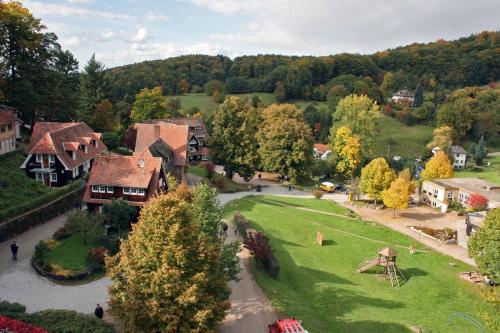 einem Luftblick auf ein Dorf mit einem Haus und einem Fluss in der Unterkunft Sonnenschein Appartement in Ober-Hambach