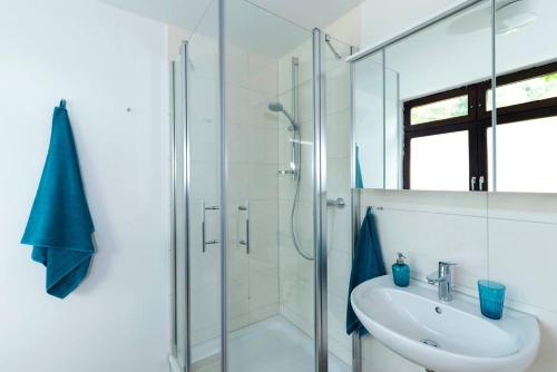 ein weißes Bad mit einem Waschbecken und einer Dusche in der Unterkunft Blumenmeer Appartment in Ober-Hambach