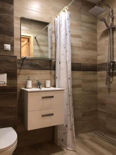 a bathroom with a sink and a shower with a mirror at Tu Urlop in Mielno