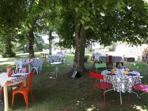 a picnic table set up in a grassy area at Domaine de Rilhac in Saint-Agrève