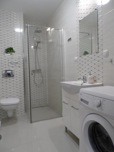 a white bathroom with a shower and a washing machine at Apartament Dmowskiego - Kępa Mieszczańska in Wrocław