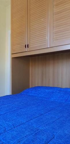 a bedroom with a blue bed and wooden cabinets at Casa Arancio in Tarquinia
