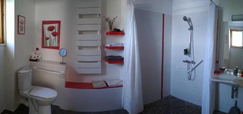 a bathroom with a shower and a toilet and a sink at Chalet La Bachole in Charancieu