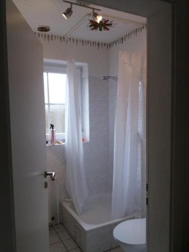 a bathroom with a shower and a tub and a toilet at Ruhiges Zimmer direkt an den Leineauen in Hemmingen