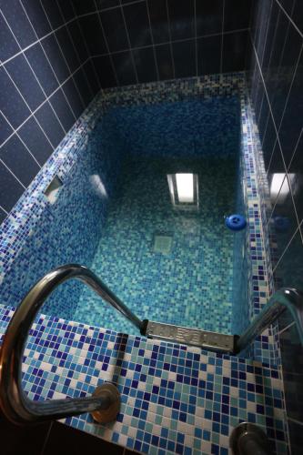 a bath tub with a blue tiled floor at Fazenda Kosiv in Kosiv