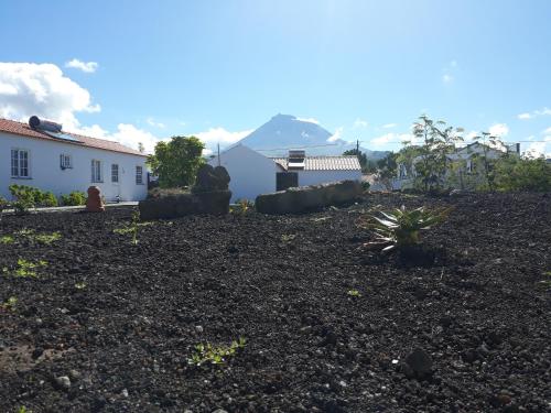 a yard with rocks and a house in the background at Casas do Verdelho in Madalena