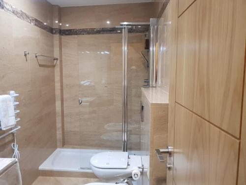 een badkamer met een douche, een toilet en een bad bij Loft Velázquez Moreno 35 in Vigo