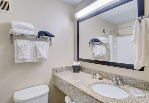 a bathroom with a sink and a toilet and a mirror at Best Western Plus Waltham Boston in Waltham