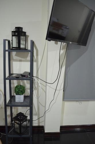 a flat screen tv on a stand with a plant at Modern room at Sabai Sabai Homestay Ayutthaya in Phra Nakhon Si Ayutthaya