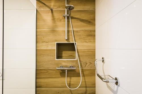 een douche in een badkamer met een houten muur bij Het Montferland in Zeddam