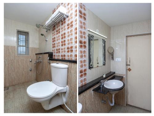 two pictures of a bathroom with a toilet and a sink at Hotel Sumi Palace in Thanjāvūr