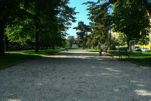 a park with a bench in the middle of a road at Deák Apartman in Sopron