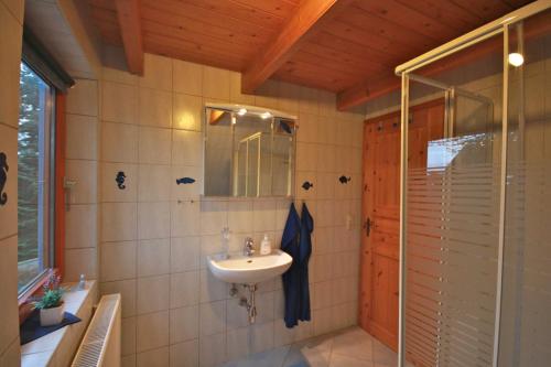 een badkamer met een wastafel en een douche bij Ferienwohnung Schauf in Gelting