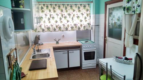a small kitchen with a sink and a stove at Piso céntrico, amplio, luminoso y familiar con garaje. in Las Lagunas