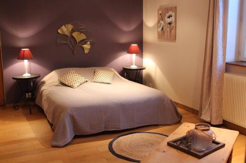 a bedroom with a bed with two tables and two lamps at Le Vallon des Ronzières in Gleizé