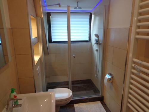 een kleine badkamer met een douche en een toilet bij Apartments Nähe Messe Laatzen-Gleidingen - room agency in Hannover