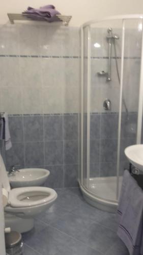 a bathroom with a shower and a toilet and a sink at Gioel Studio in Malcesine