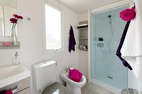 a bathroom with a toilet and a glass shower at Strandcamping Gruber in Faak am See