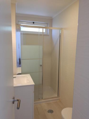 a bathroom with a shower and a sink and a toilet at 20 Casa da Aldeia in Alfarim
