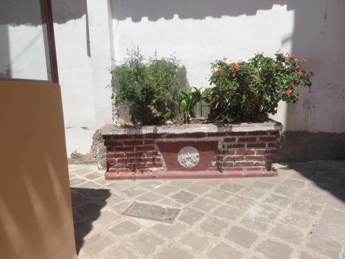 uma lareira de tijolos com duas plantas em vasos em Tinki Hostel em Cusco